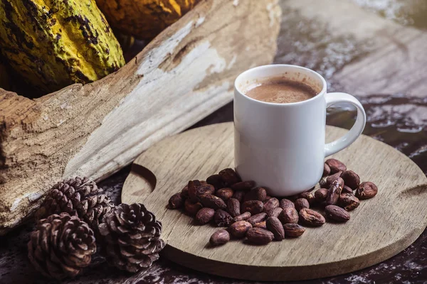 Sweet cocoa drink in white cup on wooden table with cocoa fruits