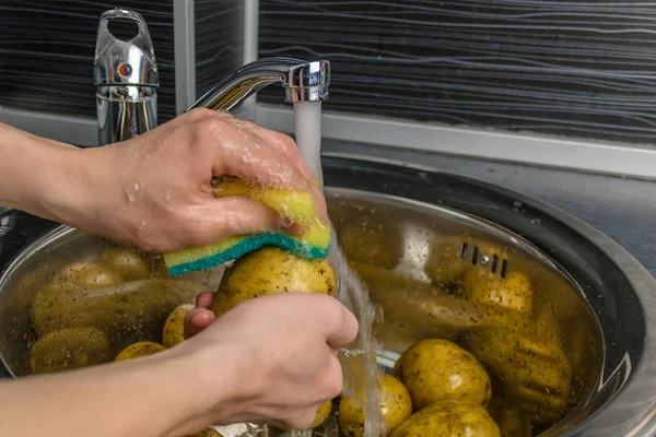 Lave Verduras Abaixo Água Corrente Mãos Homem Lavando Batatas Cruas — Fotografia de Stock