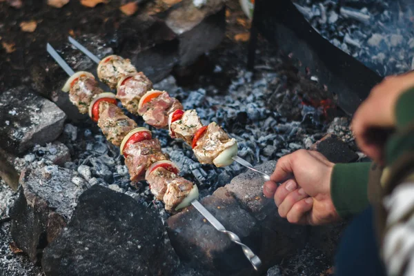 Voorbereiding Van Shish Kebab Shashlik Bbq Buiten — Stockfoto
