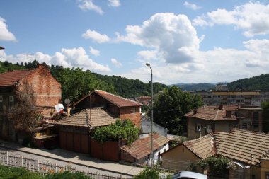 kırmızı çatılar yeşil ağaçları ve dağlarla çevrili güneşli gün ile evler 