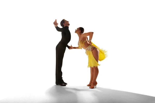二人のダンサーは白い背景でラテンダンスを行う — ストック写真