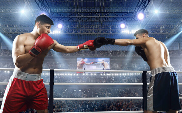 Two boxers are fighting on professional boxing ring.