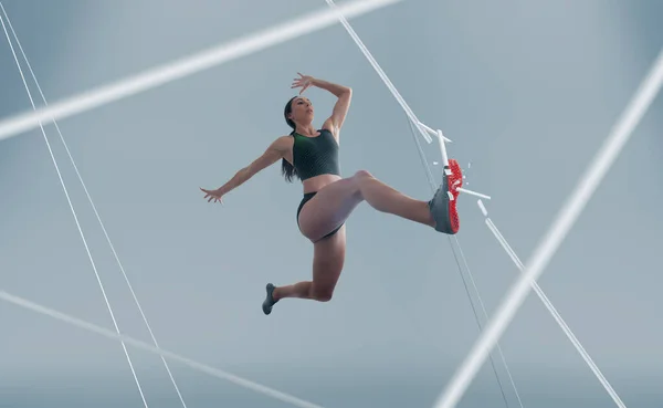Sportlerin Läuft Und Springt Seitenansicht Von Gesunden Frauen — Stockfoto