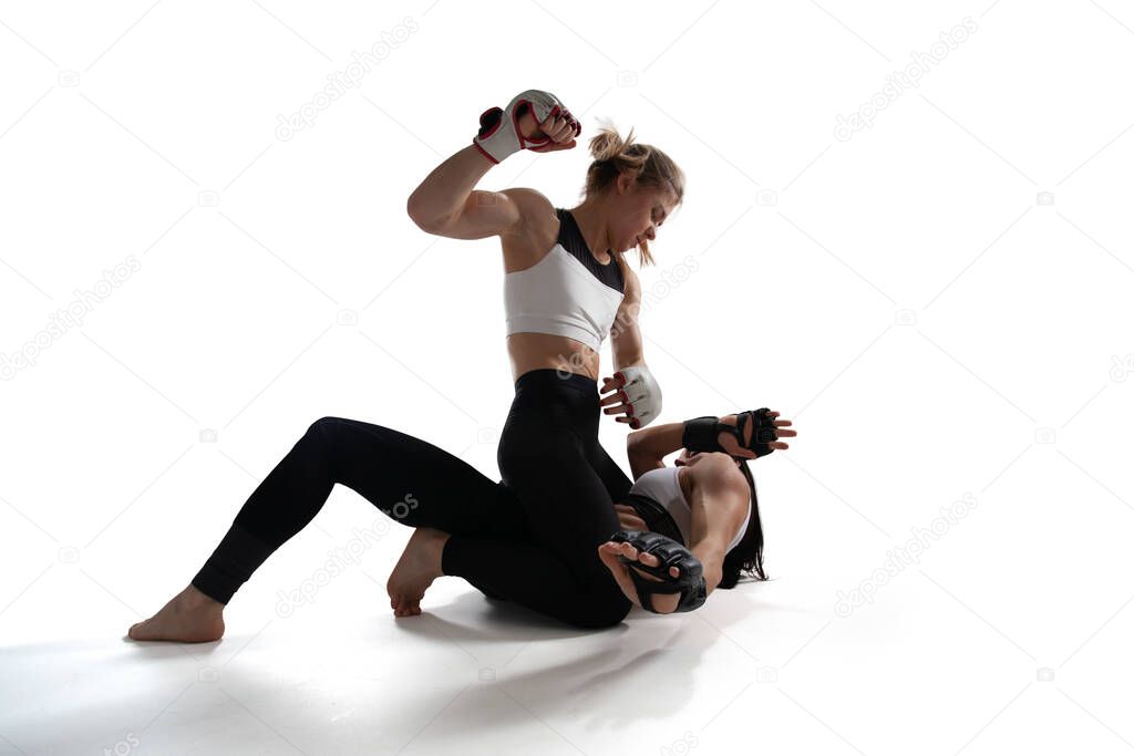 MMA female fighters isolated on white.