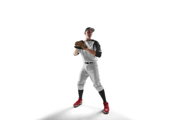 Professioneller Baseballspieler Auf Weißem Hintergrund — Stockfoto