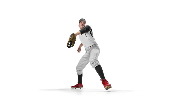 Professioneller Baseballspieler Auf Weißem Hintergrund — Stockfoto