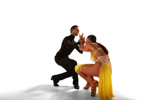 Pareja Bailarines Realizan Danza Latina Sobre Fondo Blanco — Foto de Stock