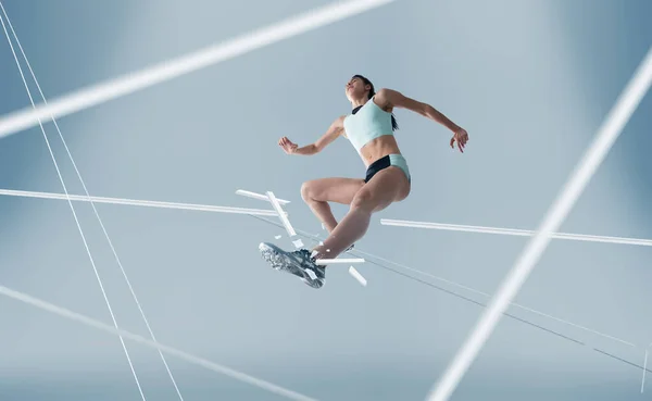 Atlet Wanita Berlari Dan Melompat Sisi Tampilan Ditembak Sehat — Stok Foto