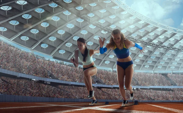 Female athlete on professional athletics stadium.