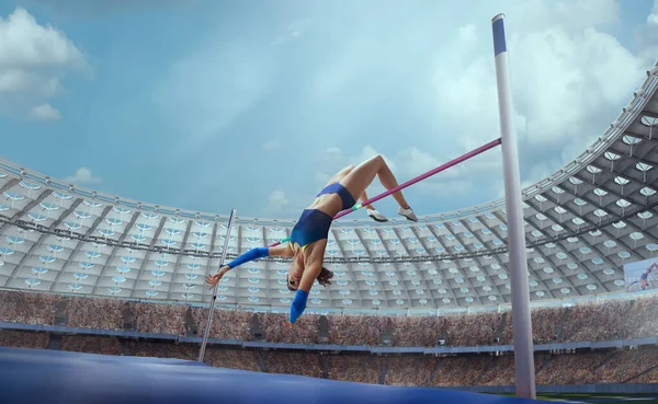 Female athlete on professional athletics stadium.