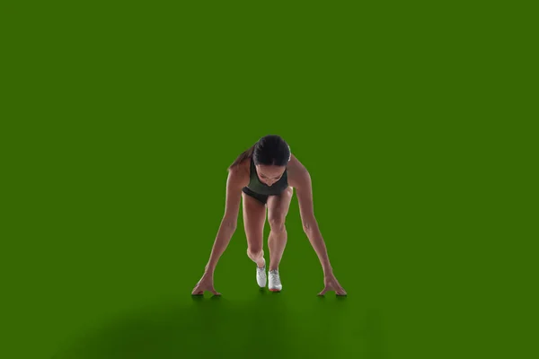 Yeşil Ekran Arka Planında Spor Elbiseli Atlet Kadın — Stok fotoğraf