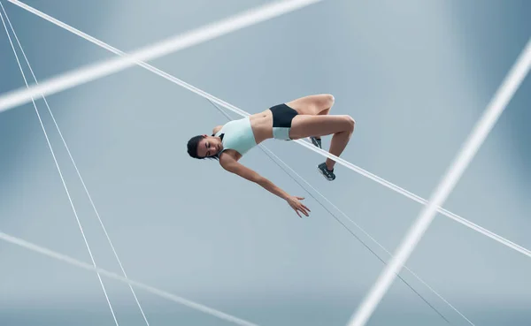Atleta Feminina Correr Saltar Vista Lateral Tiro Saudável — Fotografia de Stock