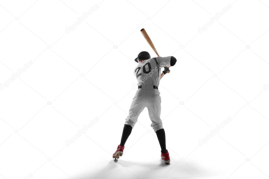 Professional baseball player on white background