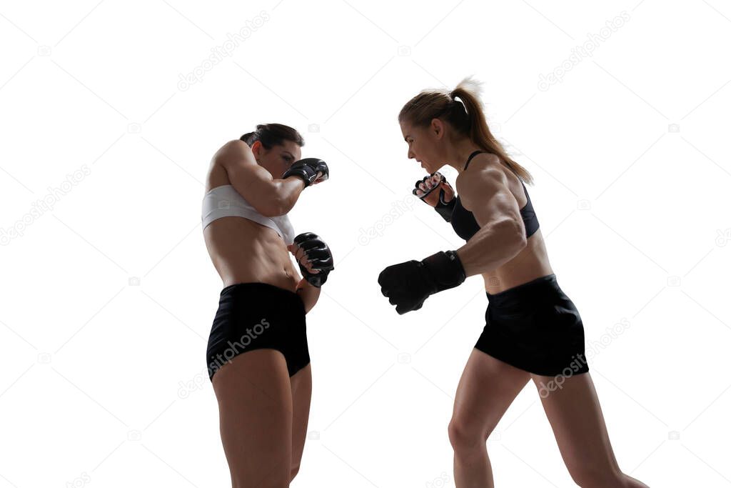 MMA female fighters isolated on white.