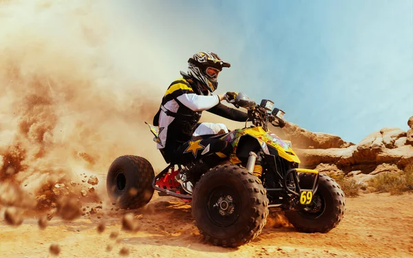 Fyrhjuling Damm Moln Sand Stenbrott Bakgrunden Atv Rider — Stockfoto