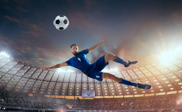Soccer players in action on professional stadium.