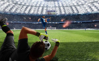 Soccer players in action on professional stadium. clipart