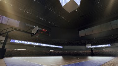İnsanların taraftarlarıyla basketbol sahası.