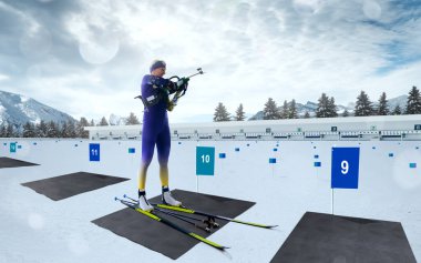 Biatlon. Kayakçı biatlon şampiyonu. Kış Olimpiyat sporları.