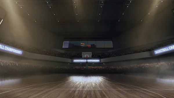 Basketball court with people fans.