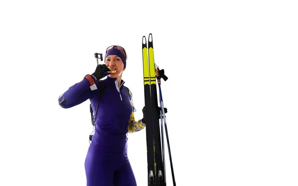 Biatlon Skiër Biathlon Geïsoleerd Wit — Stockfoto