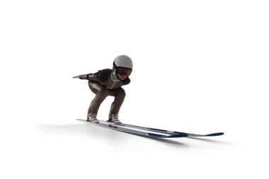 Zıplayan kayakçı beyazda izole edildi.