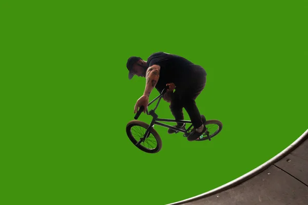 Bmx Jezdec Izolovaný Zelené Obrazovce — Stock fotografie