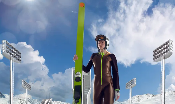Jumping Ski Kvinnlig Idrottsman — Stockfoto