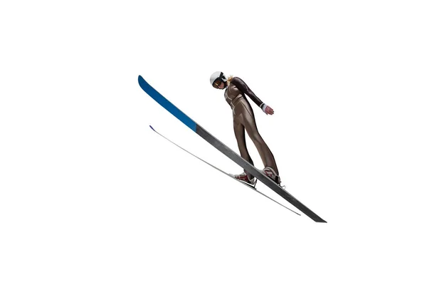 Saltando Esquiador Isolado Branco — Fotografia de Stock