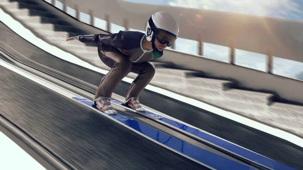 Saltando Atleta Esqui Feminino — Fotografia de Stock
