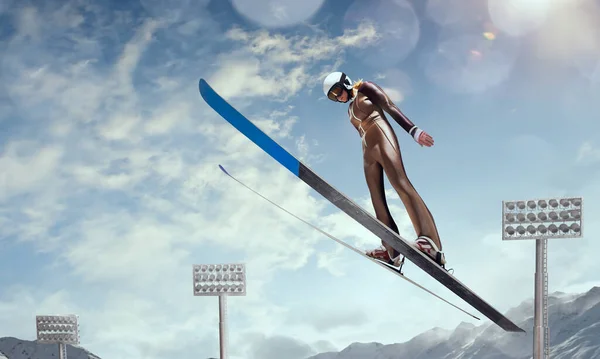 Melompat Atlet Ski Perempuan — Stok Foto