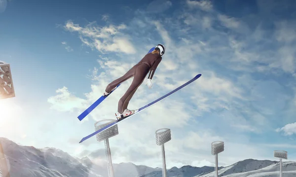 Jumping Ski Female Athlete — Stock Photo, Image
