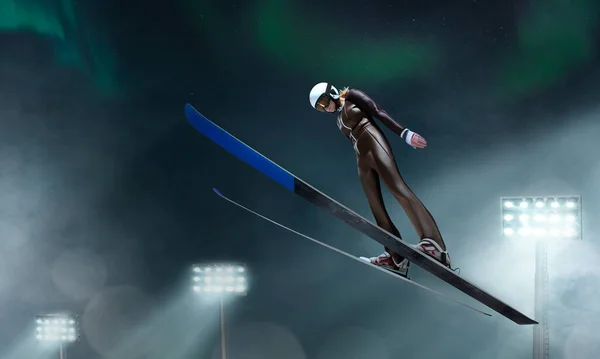 Jumping Ski Atleta Femenina — Foto de Stock