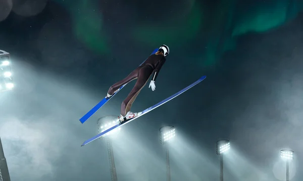 Jumping Ski Kvinnlig Idrottsman — Stockfoto