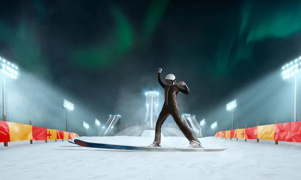 Jumping Ski Kvinnlig Idrottsman — Stockfoto