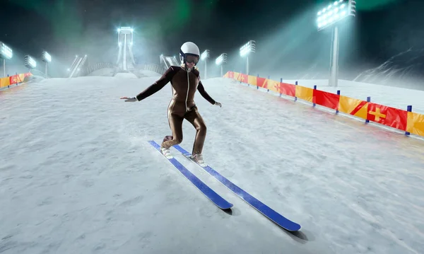 Jumping Ski Female Athlete — Stock Photo, Image