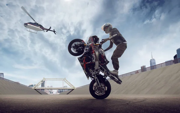 Moto freestyle. Motorcycle stunt rider