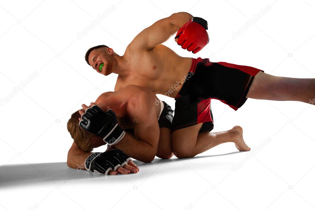 MMA fighters isolated on white.