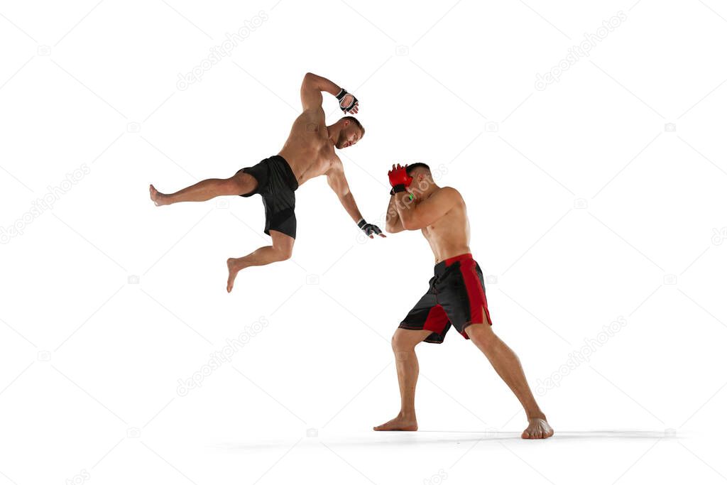 MMA fighters isolated on white.