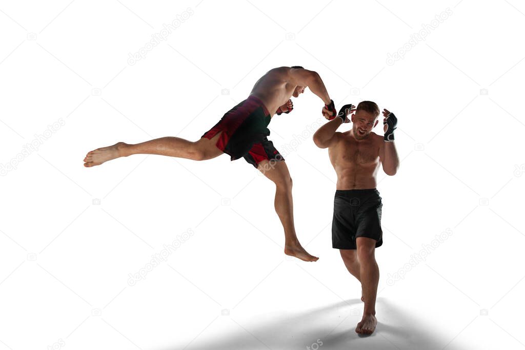 MMA fighters isolated on white.