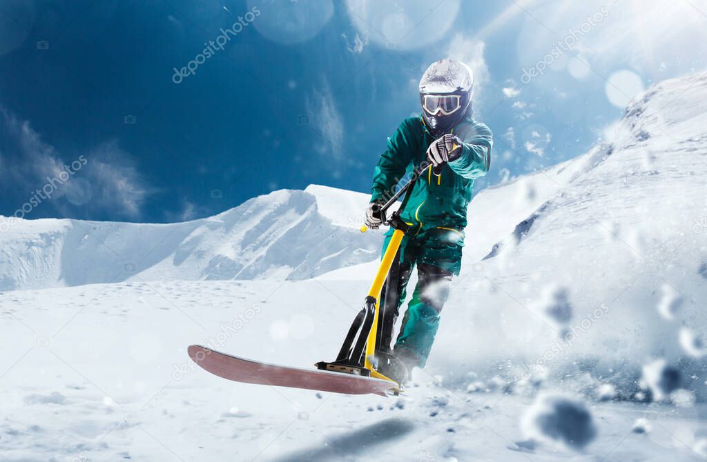 Snow scoot. Snow bike. Extreme winter sports.
