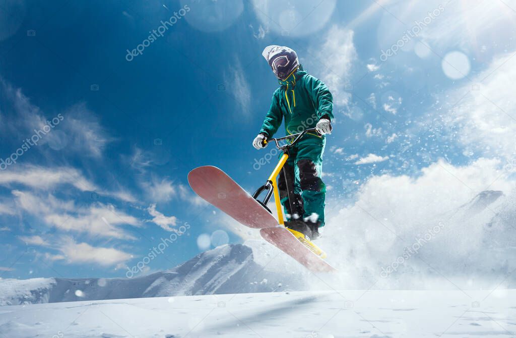 Snow scoot. Snow bike. Extreme winter sports.