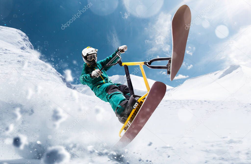 Snow scoot. Snow bike. Extreme winter sports.