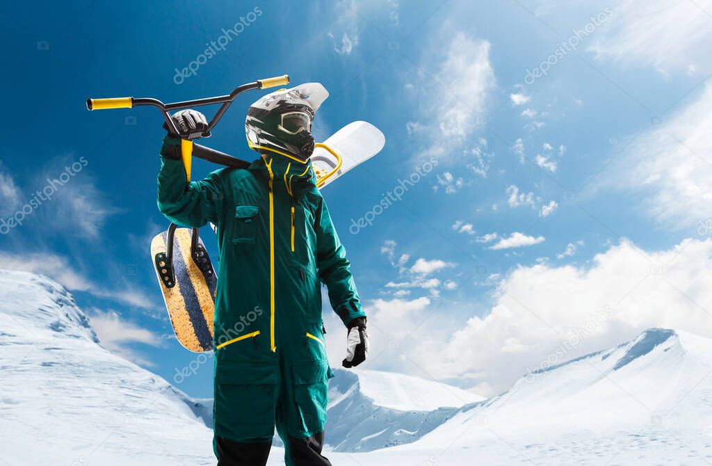 Snow scoot. Snow bike. Extreme winter sports.