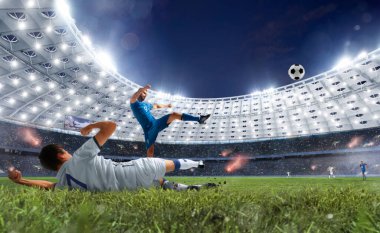 Futbolcular profesyonel stadyumda iş başında.