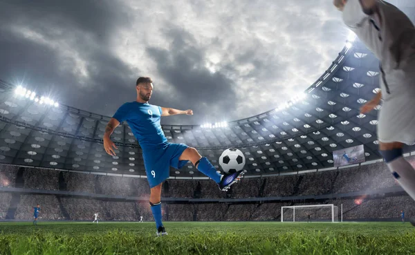 Soccer players in action on professional stadium.