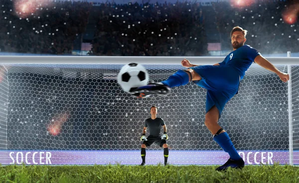 Soccer players in action on professional stadium.
