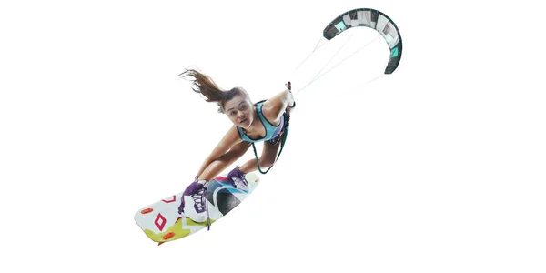 Jonge Vrouw Kitesurfen — Stockfoto