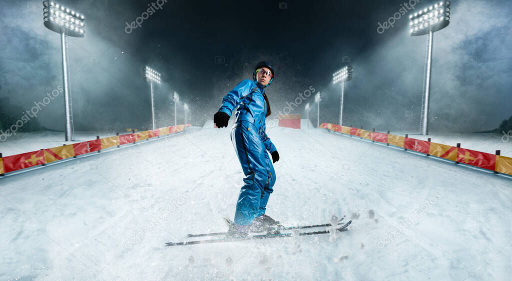 Freestyle aerials skiing athlete.