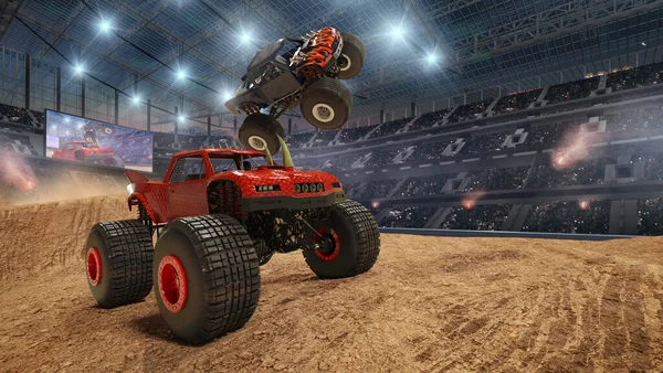 Monstertrucks Autos Illustration Fahrt Auf Stadion Hintergrund — Stockfoto